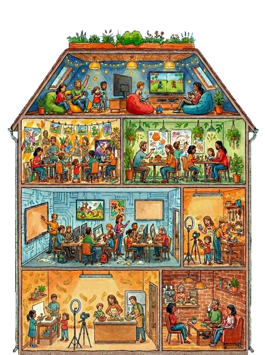 Illustration des MediaMosaik-Konzepts als Gebäude mit unterschiedlichen Lernräumen